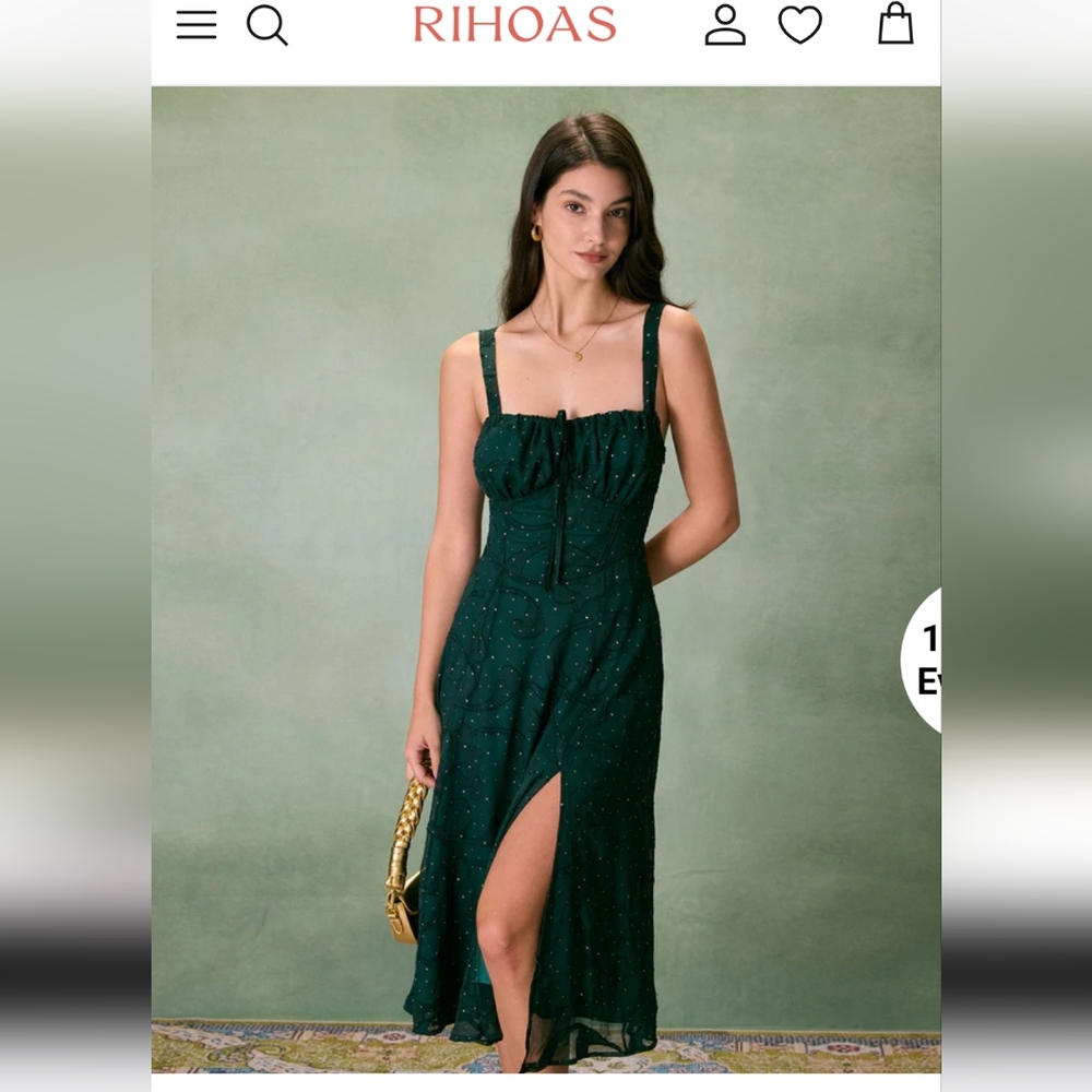 The Green Squared Neck Jacquard Slit Midi Dress, Large, NWT